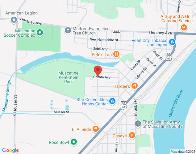 Map showing location at 606 League Street, Muscatine, IA
