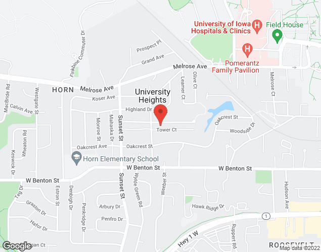 Map showing location at 1124 Tower Court, Iowa City, IA