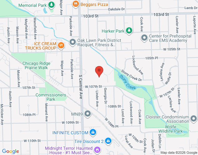 Map showing location at 10601 South Central Avenue, Oak Lawn, IL
