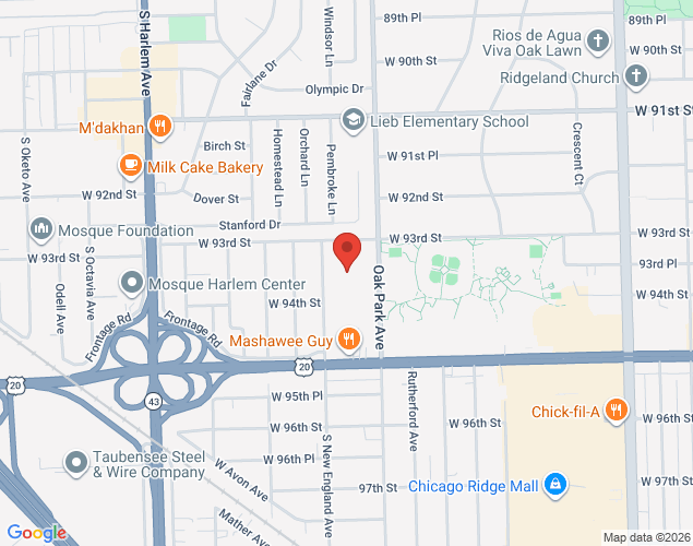 Map showing location at 9400 Oak Park Avenue, Oak Lawn, IL