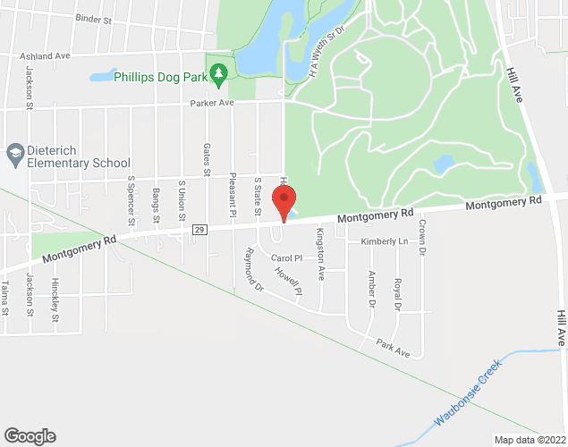 Map showing location at Montgomery Road and Howell Place, Aurora, IL