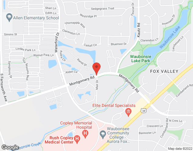 Map showing location at Montgomery Road and Mair Drive, Aurora, IL