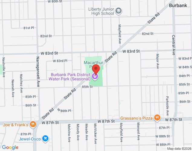 Map showing location at 6100 W. 85th St., Burbank, IL