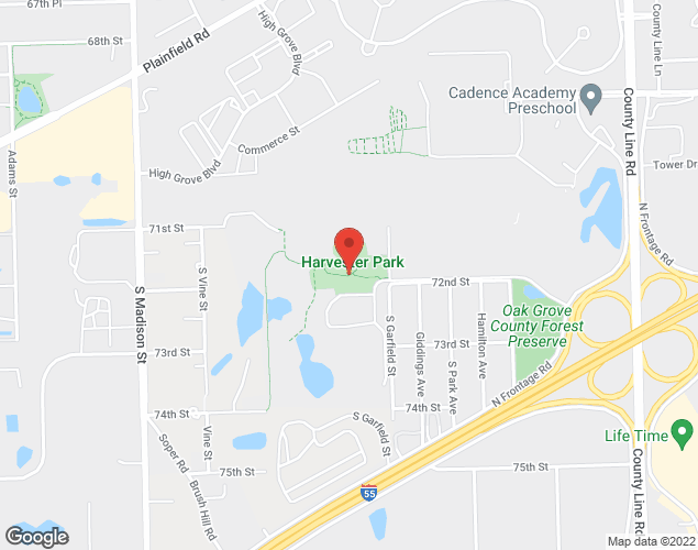 Map showing location at 15W400 Harvester Drive, Burr Ridge, IL