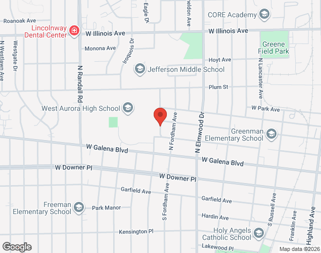 Map showing location at 1201 W. New York St., Aurora, IL