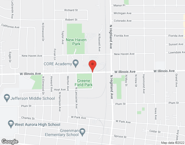 Map showing location at Russell Avenue and Illinois Avenue, Aurora, IL
