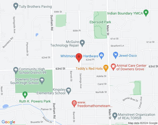 Map showing location at 1216 63rd Street, Downers Grove, IL