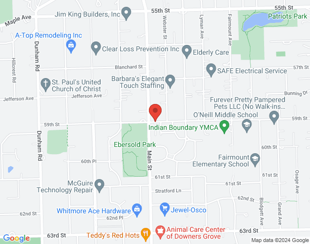 Map showing location at 59th Street & Main Street, Downers Grove, IL