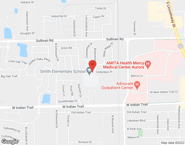 Map showing location at 1332 Robinwood Drive, Aurora, IL