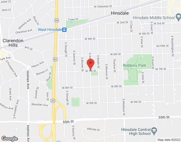 Map showing location at 7th St & Adams, Hinsdale, IL