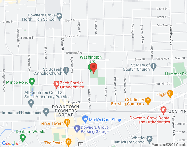 Map showing location at 835 Prairie Ave, Downers Grove, IL