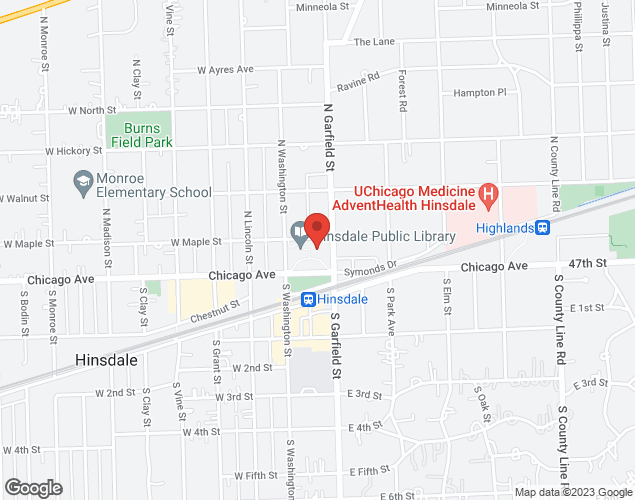 Map showing location at Village of Hinsdale, 19 E Chicago Ave, HINSDALE, IL