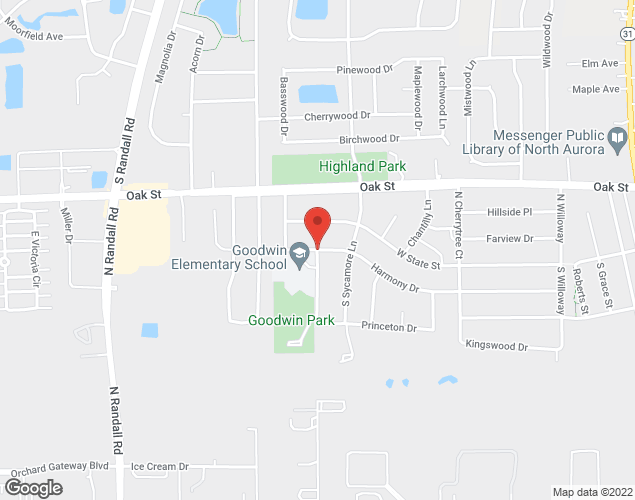 Map showing location at Harmony Drive and Poplar Place, North Aurora, IL