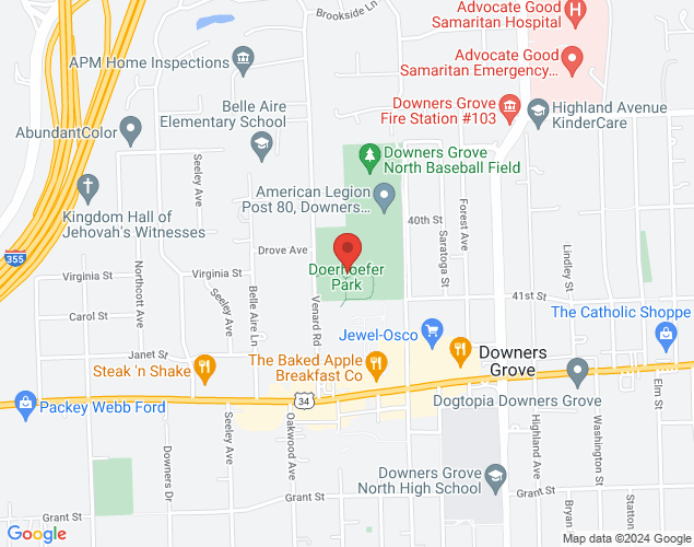 Map showing location at McCollum Park & Doerhoefer Park, Downers Grove, IL