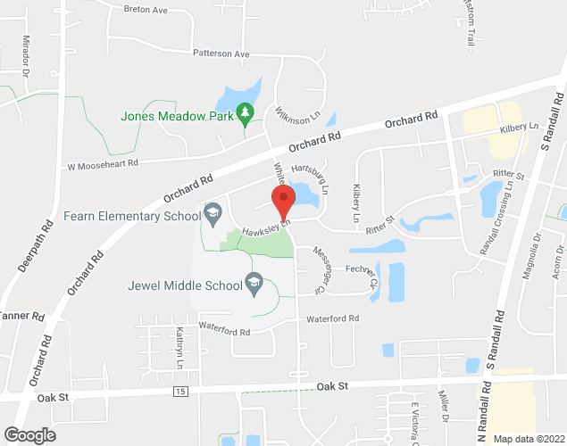 Map showing location at Hawksley Lane and White Oak Drive, North Aurora, IL