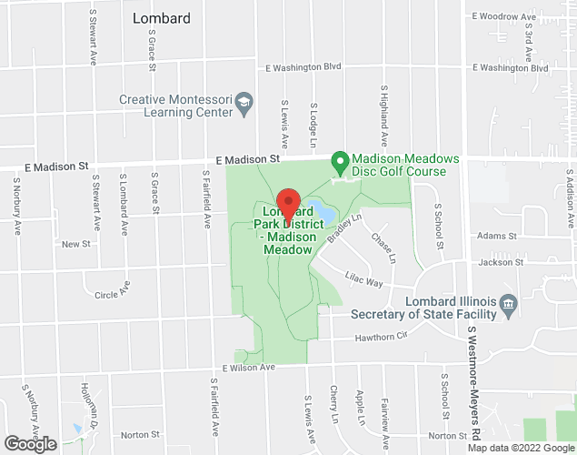 Map showing location at Madison Meadow Park, Near the corner of Bradley Ln. and S. Lodge Ln., Lombard, 
