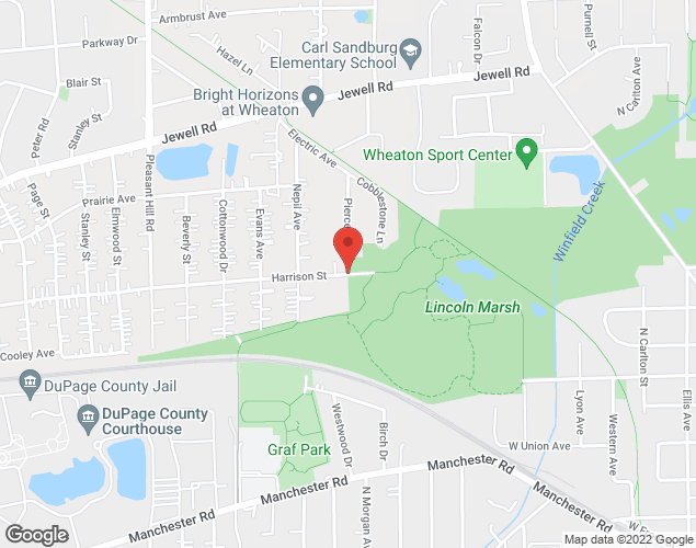 Map showing location at Harrison & Pierce Aves, Wheaton, IL