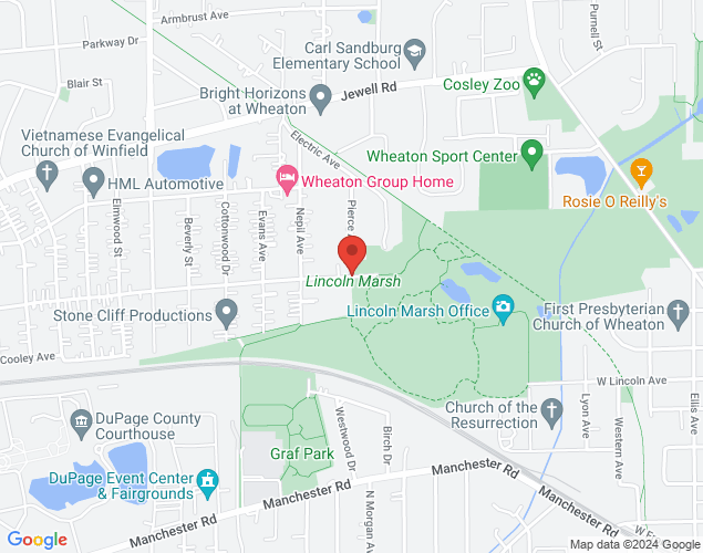 Map showing location at Harrison & Pierce Ave, Wheaton, IL