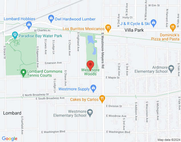 Map showing location at Westmore Woods Park, Lombard, 