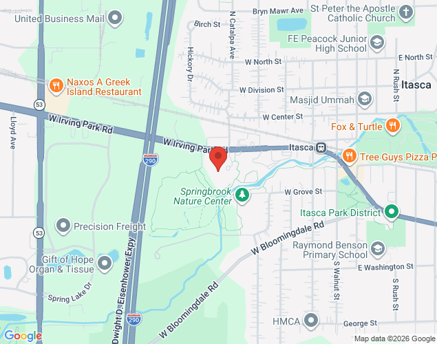 Map showing location at 100 Catalpa Avenue, Itasca, IL