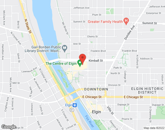 Map showing location at 100 Symphony Way, Elgin, IL