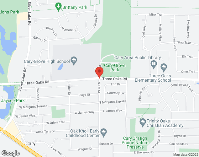 Map showing location at Three Oaks & First Street, Cary, IL