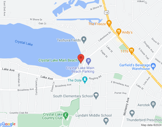 Map showing location at Main Beach, Crystal Lake, 
