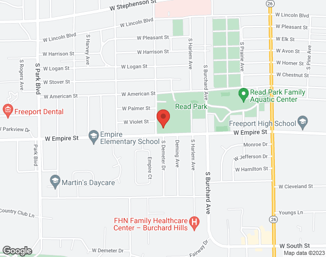 Map showing location at 1160 W. Empire St, Freeport, IL