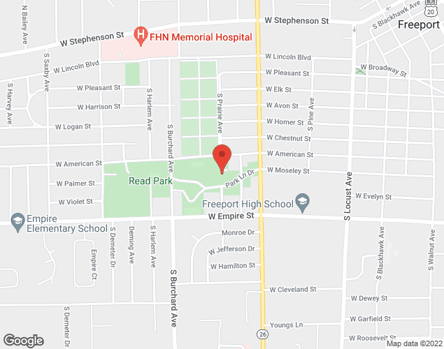 Map showing location at 867 W. American St., Freeport, IL