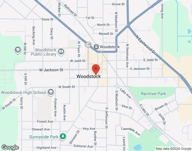 Map showing location at 121 W. Van Buren St., Woodstock, IL