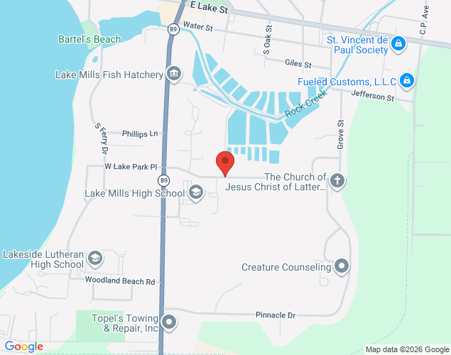 Map showing location at East Lake Park Place, Lake Mills, WI