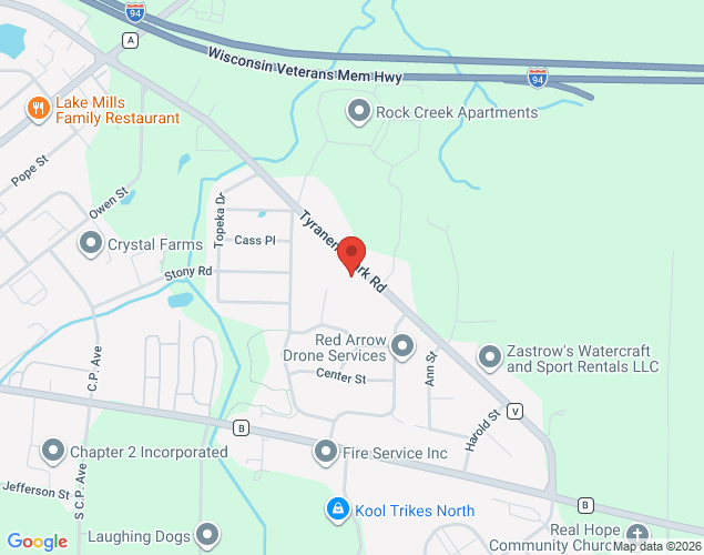 Map showing location at W7183 Tyranena Park Road, Lake Mills, WI