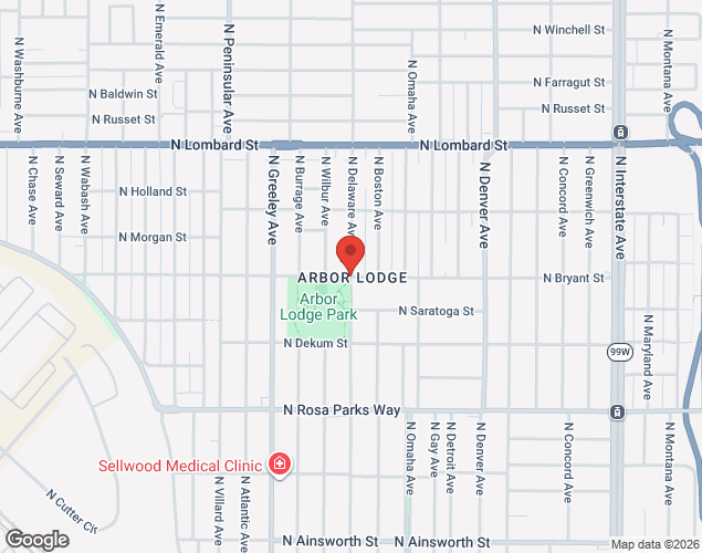 Map showing location at N Delaware Ave &, N Bryant St, Portland, OR
